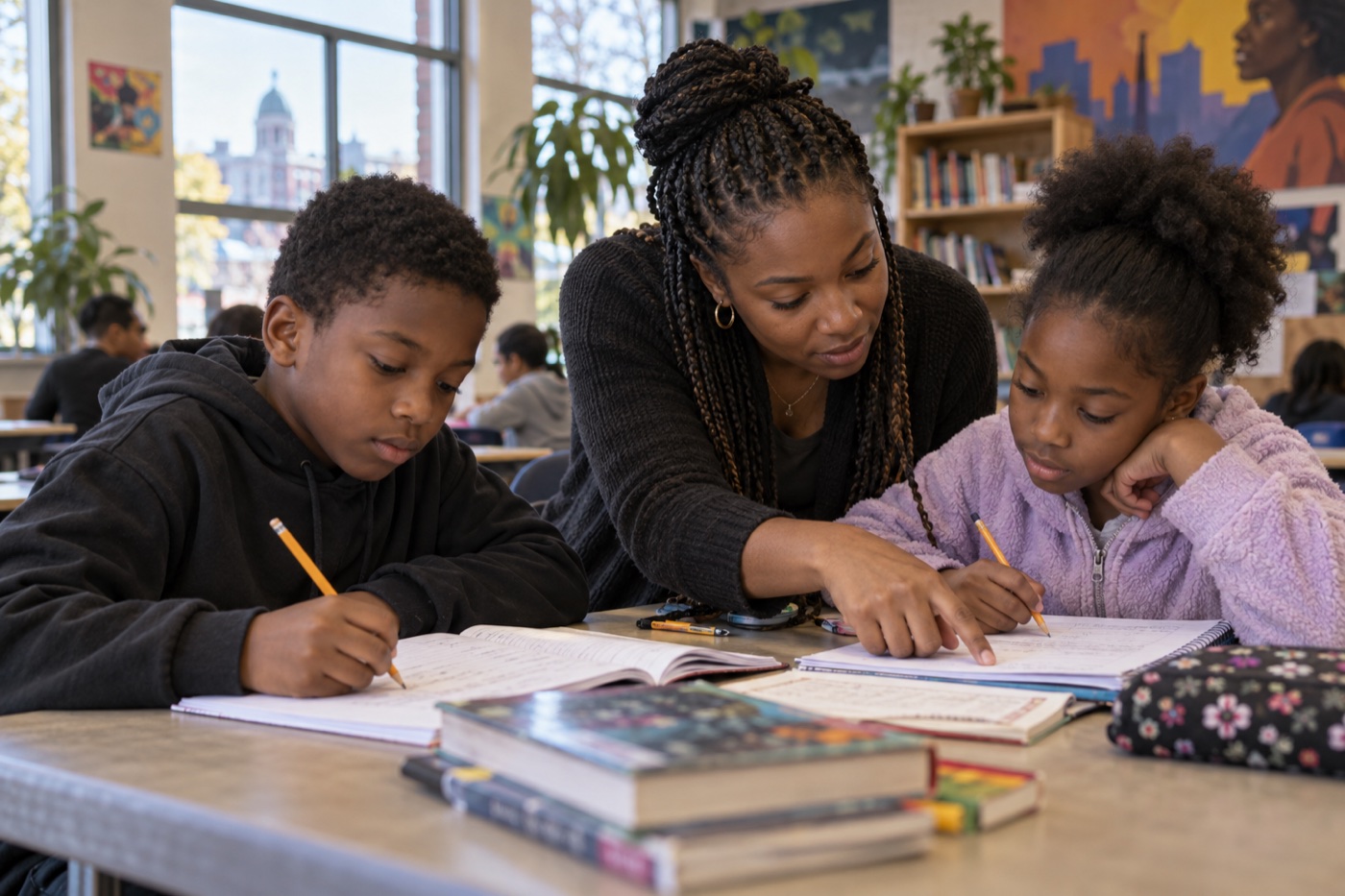 Des élèves travaillent ensemble à leurs devoirs