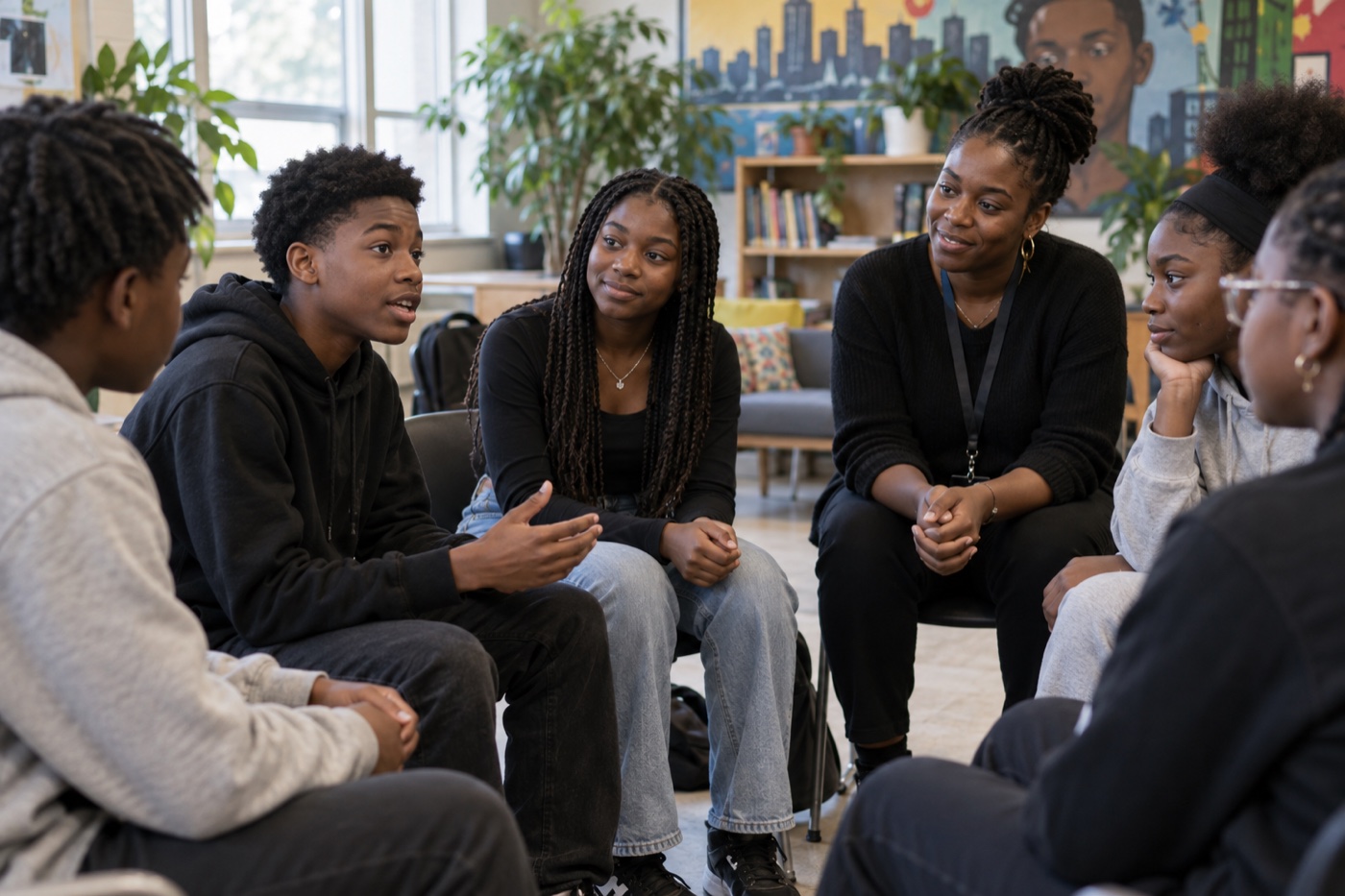 Groupe de jeunes et d’intervenants réunis autour d’un projet citoyen
