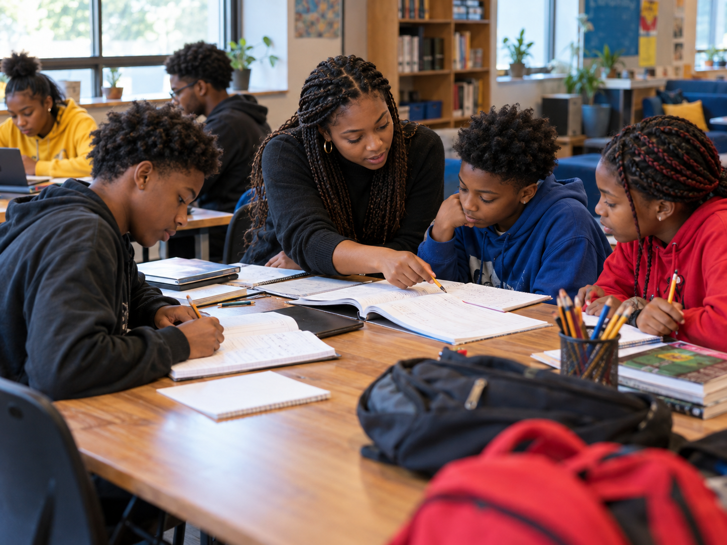 Des élèves travaillent ensemble à leurs devoirs