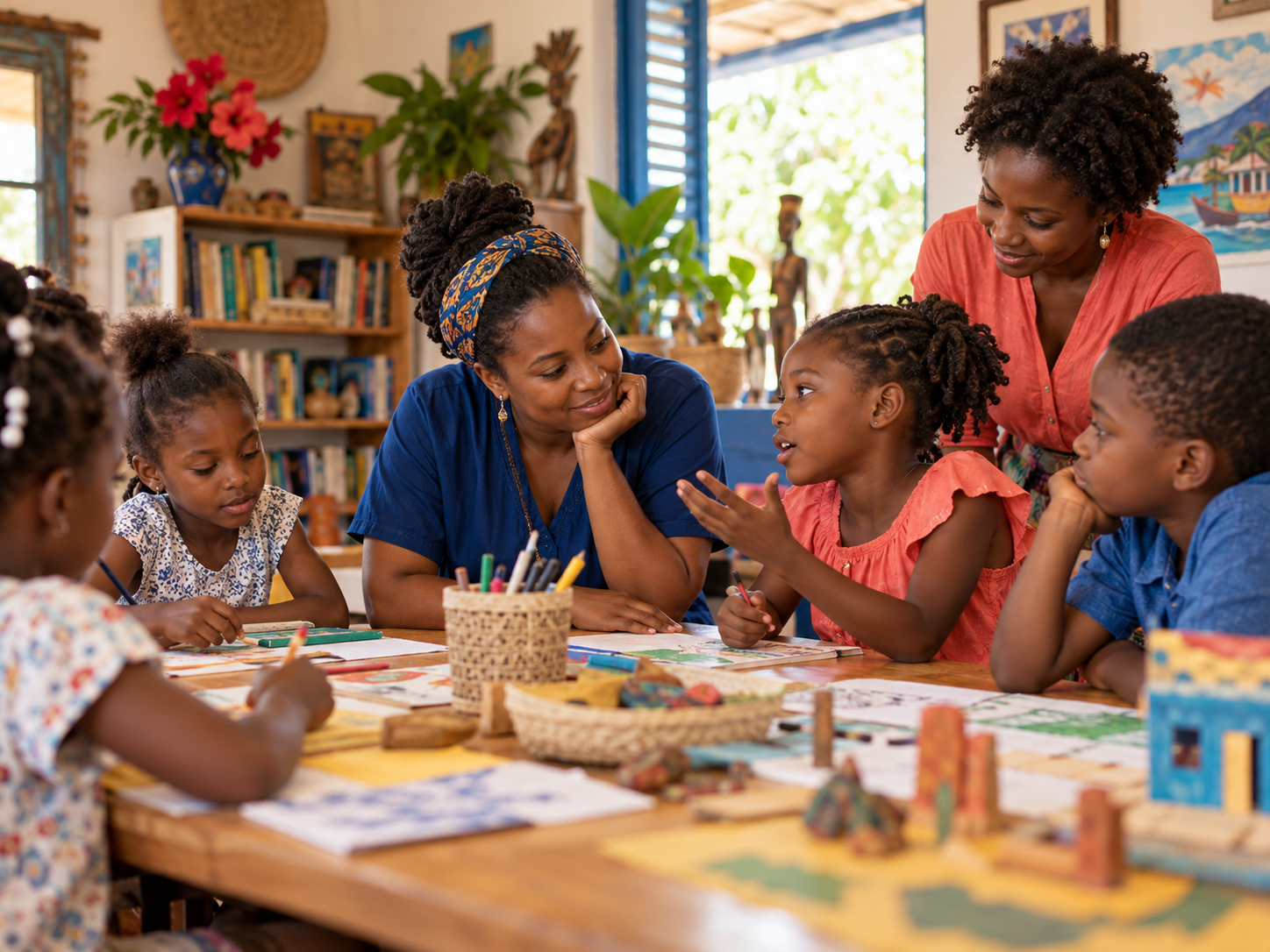 Une éducatrice accompagne un groupe d’enfants dans une activité